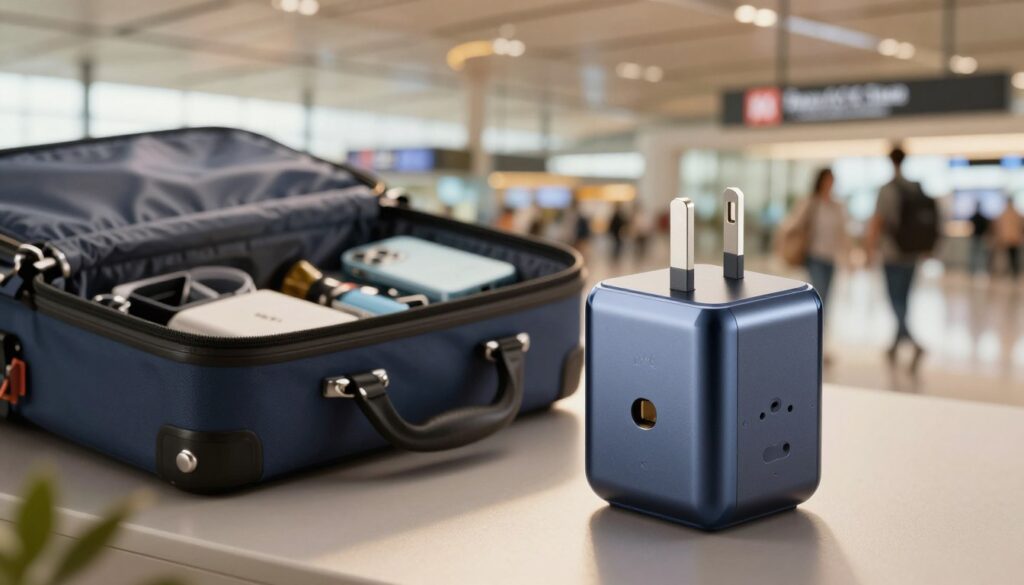 A GaN-powered travel plug adapter prominently displayed in the foreground, showcasing its sleek, compact design with a glossy finish and multiple international plug configurations. In the middle, an elegant travel bag partially opened to reveal essential travel gadgets, hinting at adventure. The background features a softly blurred airport terminal with travelers moving about, illuminated with warm, inviting lighting to create a sense of excitement and wanderlust. The scene is captured from a slightly elevated angle, highlighting the adapter's advanced technology and portability. The overall mood is one of modern convenience and readiness for exploration, emphasizing the importance of efficient charging while traveling.