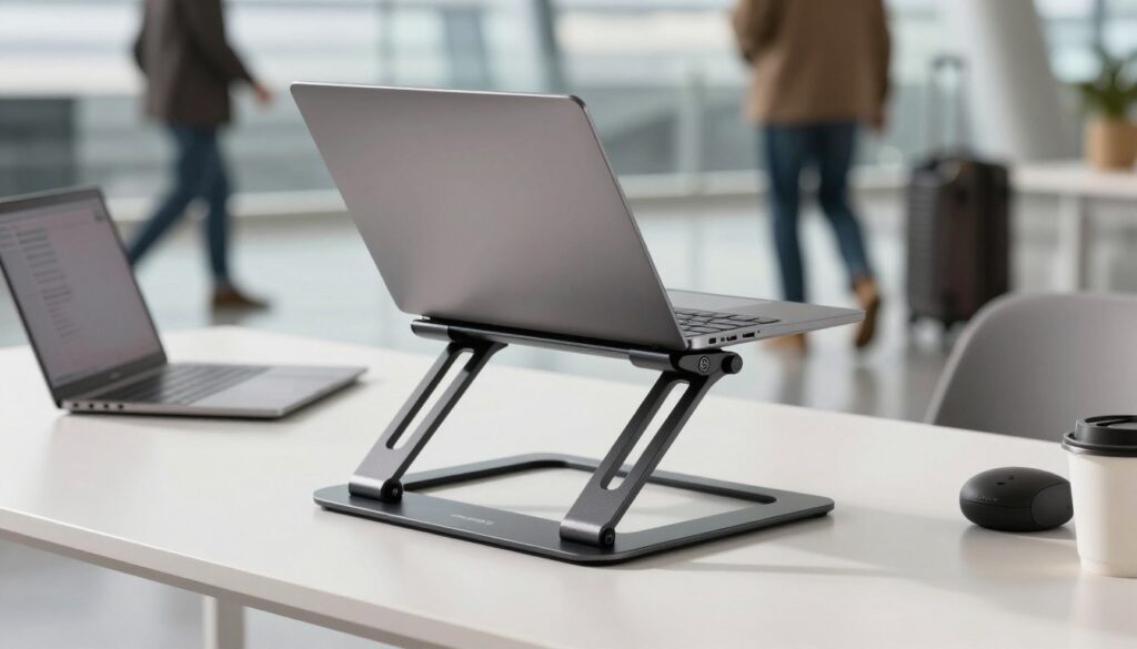 A Nexstand K2 Laptop Stand positioned prominently in the foreground, elegantly displaying its sleek, modern design made of lightweight, durable materials. The stand is unfolded, showcasing its adjustable height settings, with a laptop resting securely atop it, illuminated by soft, natural lighting that highlights its contours. In the middle ground, a clean, minimalist workspace is styled with a secondary laptop and ergonomic accessories, evoking a professional yet casual atmosphere. The background features a blurred airport scene, hinting at a travel environment, complete with carry-on luggage and travelers in modest casual clothing. The overall mood is practical and inviting, ideal for remote work and travel, captured from a slightly elevated angle to emphasize the stand's functionality.