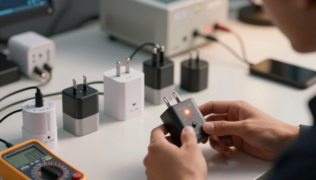 A close-up scene of a professional technician testing various universal travel adapters on a sleek, modern workspace. In the foreground, focus on a hand holding a travel adapter with visible indicator lights, surrounded by a small digital multimeter showing voltage readings. In the middle, an organized array of different universal adapters, each with distinct plug types and features, placed neatly on a clean, polished table. The background features soft-focus electronic testing equipment and cords, creating a high-tech atmosphere. Utilize warm lighting to convey a sense of professionalism, and apply a shallow depth of field to emphasize the adapters and testing tools. Capture the mood as both informative and technical, reflecting a meticulous and methodical testing approach.