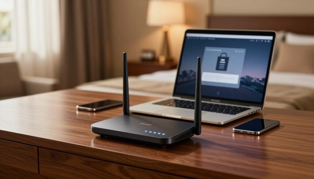 A compact TP-Link TL-WR902AC travel router elegantly positioned on a polished wooden hotel desk, exuding sophistication and practicality. In the foreground, the router is highlighted with a subtle glow, showcasing its sleek design and LED indicators. The middle ground features a stylish laptop open next to the router, displaying a secure connection, while a smartphone sits nearby, emphasizing its versatility for business travelers. In the background, a tastefully decorated hotel room with warm, ambient lighting creates a cozy atmosphere. Soft focus on the curtains draping in the sunlight adds an inviting feel. The overall mood reflects professionalism and modern efficiency, perfect for the discerning traveler seeking secure Wi-Fi solutions. No people are present, ensuring the focus remains on the travel router itself.