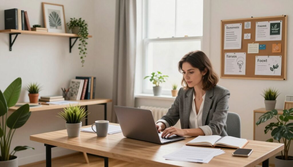 A cozy home office scene showcasing a variety of home-based business ideas. In the foreground, a professional woman in business casual attire sits at a stylish desk, surrounded by plants and motivational decor, working on a laptop. On the desk, scattered papers, a coffee mug, and an open planner reflect an atmosphere of productivity. In the middle ground, a bright window with natural light flooding in illuminates the space, sparkling on a vision board filled with goals and creative ideas. In the background, shelves display books and handmade crafts, suggesting entrepreneurial spirit. The overall mood is one of inspiration and focus, with a warm color palette creating an inviting atmosphere for home entrepreneurship. Utilize soft, diffused lighting to enhance the friendly and motivational vibe of the workspace, captured from a slightly elevated angle for dynamic perspective. A cozy home office scene showcasing a variety of home-based business ideas. In the foreground, a professional woman in business casual attire sits at a stylish desk, surrounded by plants and motivational decor, working on a laptop. On the desk, scattered papers, a coffee mug, and an open planner reflect an atmosphere of productivity. In the middle ground, a bright window with natural light flooding in illuminates the space, sparkling on a vision board filled with goals and creative ideas. In the background, shelves display books and handmade crafts, suggesting entrepreneurial spirit. The overall mood is one of inspiration and focus, with a warm color palette creating an inviting atmosphere for home entrepreneurship. Utilize soft, diffused lighting to enhance the friendly and motivational vibe of the workspace, captured from a slightly elevated angle for dynamic perspective.