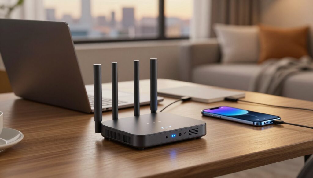 A detailed image of the RAVPower FileHub travel router in a cozy hotel room setup. The foreground features the compact, sleek router with its LED indicators glowing softly, showcasing its modern design and portability. The middle of the composition includes a stylish laptop and smartphone, connected to the router, emphasizing its versatility for digital nomads. In the background, a blurred view of a window reveals a cityscape, creating an inviting atmosphere for travelers. Soft, warm lighting bathes the scene, simulating the ambiance of a late afternoon. The perspective is slightly elevated, focusing on the router while capturing the travel-oriented environment. The overall mood is productive and inviting, perfect for showcasing the router's features in a travel context.