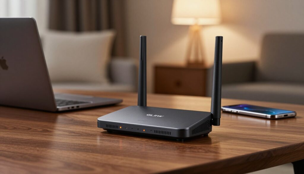 A high-quality image of a portable wifi router, specifically the GL.iNet GL-AR750S Slate, elegantly displayed on a wooden table in a modern hotel room. In the foreground, focus on the sleek, compact design of the router, showcasing its LED indicators and subtle branding. The middle ground features a blurred laptop and smartphone to emphasize its use in remote work. In the background, soft, ambient lighting from a stylish lamp creates a warm atmosphere, hinting at a cozy travel setting. The angle should capture the router from a low perspective, making it the focal point of the composition. The scene conveys a sense of security and efficiency, ideal for tech-savvy travelers seeking reliable internet access.