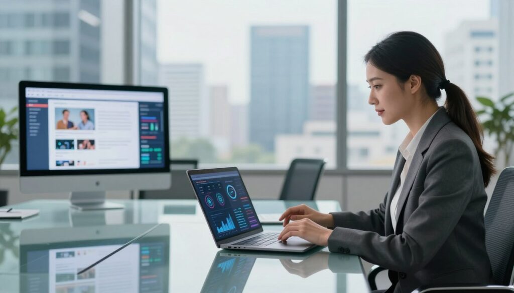 A modern office environment showcasing digital business strategies. In the foreground, a confident businesswoman in professional attire analyzes data on a sleek laptop, with visual graphs and metrics illuminating her screen. In the middle ground, a large glass conference table holds digital devices displaying social media platforms and financial analytics. The background features floor-to-ceiling windows revealing a bustling cityscape, symbolizing business growth. Soft, natural light filters through the glass, creating a fresh and inspiring atmosphere. The overall mood conveys a sense of strategic planning and reflection on the challenges of social media marketing, emphasizing critical thinking about return on investment. A modern office environment showcasing digital business strategies. In the foreground, a confident businesswoman in professional attire analyzes data on a sleek laptop, with visual graphs and metrics illuminating her screen. In the middle ground, a large glass conference table holds digital devices displaying social media platforms and financial analytics. The background features floor-to-ceiling windows revealing a bustling cityscape, symbolizing business growth. Soft, natural light filters through the glass, creating a fresh and inspiring atmosphere. The overall mood conveys a sense of strategic planning and reflection on the challenges of social media marketing, emphasizing critical thinking about return on investment.