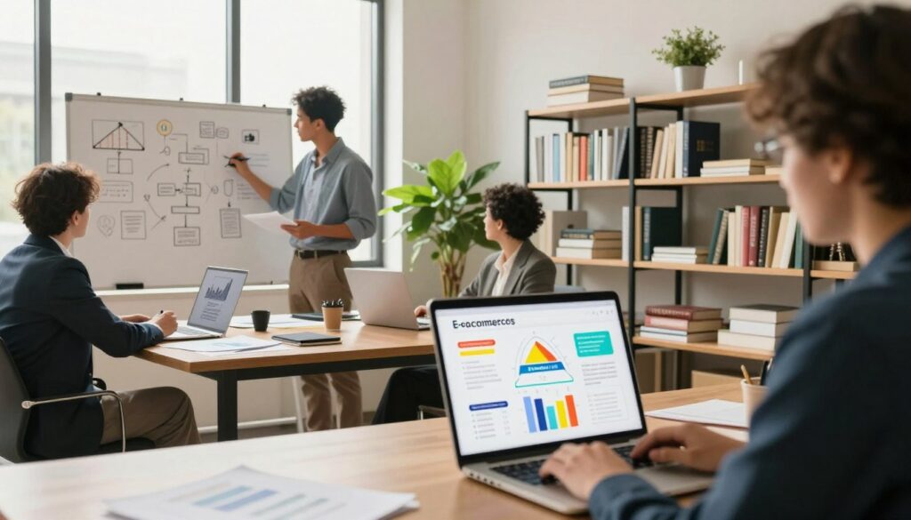 A modern, stylish workspace showcasing various online business ideas. In the foreground, a laptop displays a colorful infographic of e-commerce trends. To the left, a diverse group of three professionals in business attire, engaged in brainstorming, jotting down ideas on a whiteboard filled with diagrams and flowcharts. In the middle ground, shelves stocked with books on entrepreneurship and marketing, alongside a potted plant for a touch of greenery. The background features a large window allowing natural light to flood in, casting soft shadows across the room. The overall mood is dynamic and collaborative, reflecting the innovative spirit of digital entrepreneurship. Capture this scene with warm lighting and a slight depth of field to emphasize the subjects and their creative environment. A modern, stylish workspace showcasing various online business ideas. In the foreground, a laptop displays a colorful infographic of e-commerce trends. To the left, a diverse group of three professionals in business attire, engaged in brainstorming, jotting down ideas on a whiteboard filled with diagrams and flowcharts. In the middle ground, shelves stocked with books on entrepreneurship and marketing, alongside a potted plant for a touch of greenery. The background features a large window allowing natural light to flood in, casting soft shadows across the room. The overall mood is dynamic and collaborative, reflecting the innovative spirit of digital entrepreneurship. Capture this scene with warm lighting and a slight depth of field to emphasize the subjects and their creative environment.