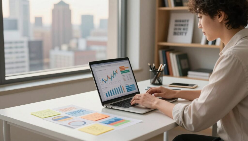 A modern workspace showcasing profitable online ventures. In the foreground, a minimalist desk with a laptop displaying analytics and financial graphs, surrounded by colorful charts and creative brainstorming notes. In the middle, a window view showing a city skyline bathed in soft, natural light, adding an energetic vibe. A professional individual in smart casual clothing is thoughtfully typing on the laptop, embodying focus and determination. The atmosphere is bright and inspiring, suggesting productivity and success. The background features bookshelves with business literature and motivational posters, emphasizing growth and opportunity. Use warm lighting to create a welcoming yet ambitious mood, captured from a slightly elevated angle to highlight the desk and the vibrant cityscape outside. A modern workspace showcasing profitable online ventures. In the foreground, a minimalist desk with a laptop displaying analytics and financial graphs, surrounded by colorful charts and creative brainstorming notes. In the middle, a window view showing a city skyline bathed in soft, natural light, adding an energetic vibe. A professional individual in smart casual clothing is thoughtfully typing on the laptop, embodying focus and determination. The atmosphere is bright and inspiring, suggesting productivity and success. The background features bookshelves with business literature and motivational posters, emphasizing growth and opportunity. Use warm lighting to create a welcoming yet ambitious mood, captured from a slightly elevated angle to highlight the desk and the vibrant cityscape outside.