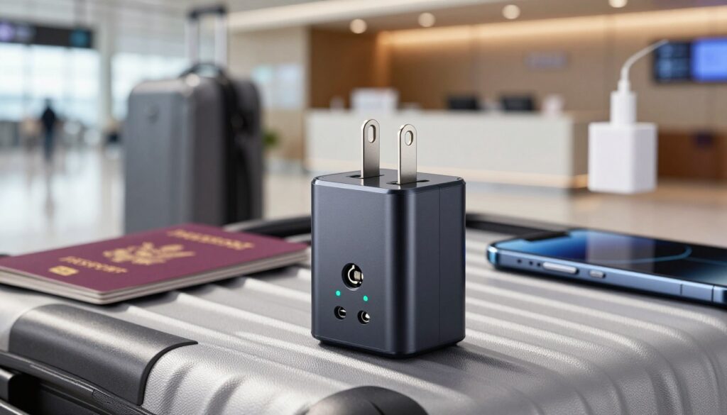 A realistic dual voltage travel adapter, prominently featured in the foreground, showcasing its sleek design with various plug types for global compatibility. The adapter is surrounded by subtle light reflections, emphasizing its modern materials and GaN technology. In the middle ground, a blurred travel scene with a passport, a suitcase, and a smartphone charger adds context, suggesting travel readiness. The background features softly illuminated airport or hotel elements, like a check-in counter or power outlets, creating a sense of wanderlust and convenience. Natural daylight filters in, casting gentle shadows and highlighting the adapter's safety features, like surge protection indicators and insulated body, conveying a mood of reliability and adventure. The image should be crisp, focused on the adapter, with a depth of field effect to enhance the atmosphere.