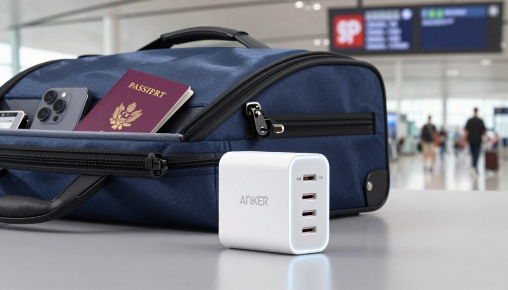 A sleek and modern Anker 747 Universal Travel Adapter displayed prominently in the foreground, showcasing its compact design and multiple ports for various international plug types. The adapter is illuminated by soft, white LED lighting that highlights its premium finish and GaN technology features. In the middle ground, a stylish travel bag is partially open, with some travel essentials like a passport and a smartphone peeking out, indicating readiness for adventure. The background features a blurred airport terminal scene, with soft-focus travelers and departure boards, adding to the excitement of travel. The atmosphere is bright and inviting, suggesting efficiency and convenience. The image captures a sense of innovation and reliability in travel technology, perfect for globetrotters.
