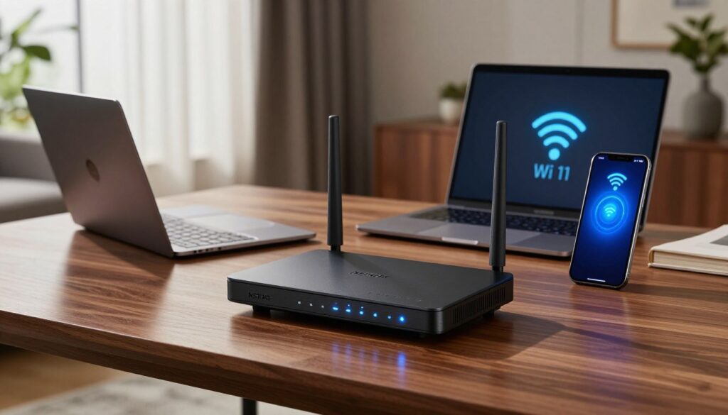 A sleek and modern Netgear Nighthawk M1 travel router prominently displayed on a stylish wooden table in a luxurious hotel room. In the foreground, the router is elegantly powered on, with LED lights glowing softly to indicate connectivity. In the middle ground, an open laptop and a smartphone are nearby, both showing strong Wi-Fi signals, highlighting connectivity options for travelers. In the background, soft natural light filters through an airy window, casting gentle shadows that create a cozy and inviting atmosphere. The room is tastefully decorated with contemporary furnishings, a hint of greenery from a potted plant visible. The mood is focused and professional, ideal for tech-savvy travelers seeking a reliable solution for high-speed internet access in a premium setting.