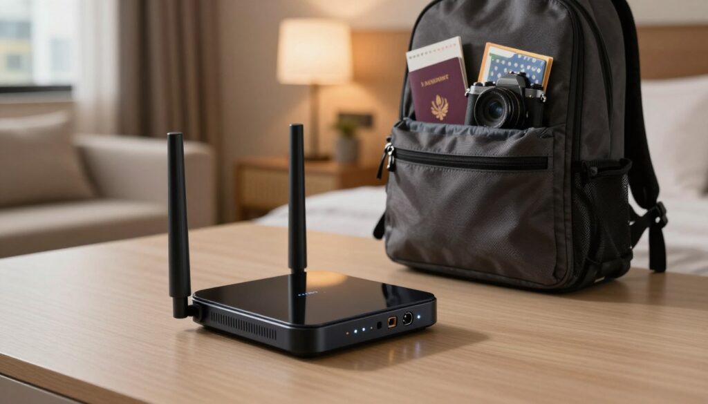 A sleek, compact portable Wi-Fi router, designed with a modern, minimalist aesthetic. The device is shown prominently in the foreground, with its glossy black surface reflecting soft, ambient light. The router features visible LED indicators and multiple ports, conveying functionality. In the middle ground, a stylish backpack sits slightly open, revealing travel essentials like a passport, camera, and travel guides. The background captures a cozy hotel room setting with warm lighting, a neatly made bed, and a window showcasing a hint of a cityscape outside. The atmosphere is inviting and travel-ready, evoking a sense of convenience and security. The image is composed with a slightly angled perspective to provide depth, emphasizing the router as an essential travel companion.