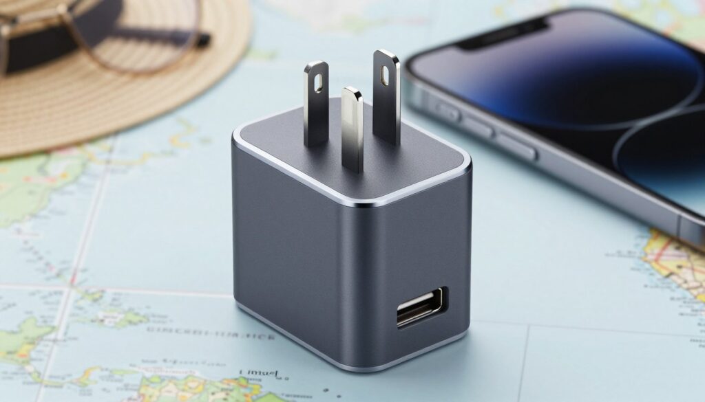 A sleek, compact travel adapter prominently displayed in the foreground, showcasing its multiple universal plug configurations and a fast-charging USB-C port, designed in a modern style with a matte finish. The middle ground features a subtle travel-themed backdrop, including a map and a smartphone partially visible, indicating travel readiness. Soft, natural lighting floods the scene, accentuating the textures and details of the adapter, with a slight emphasis on the USB port. The angle is slightly elevated, giving a dynamic view to emphasize the product's portability and versatility. The overall mood is professional and inviting, perfect for conveying the functionality and innovation of the adapter, evoking a sense of convenience for travelers.