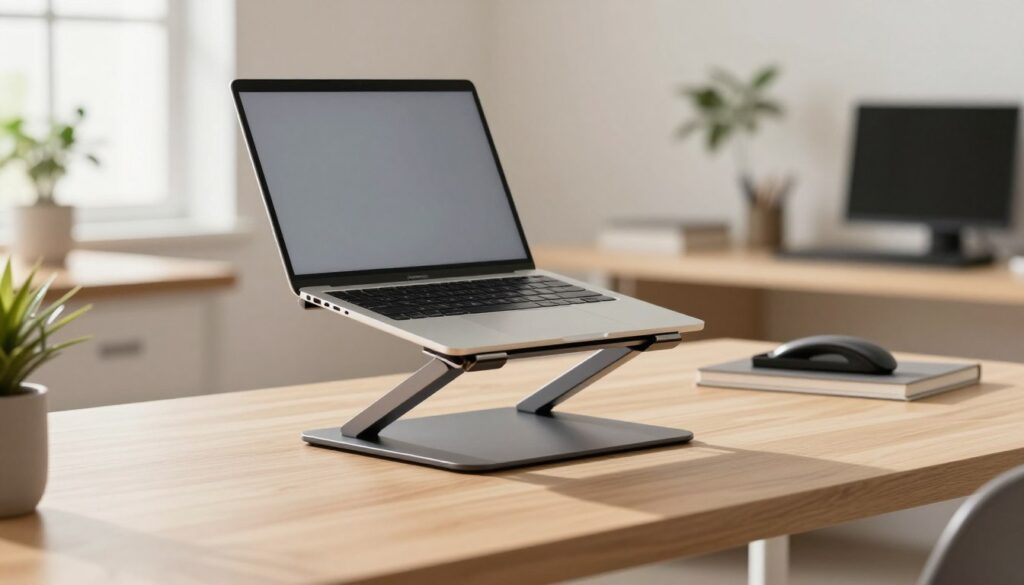 A sleek, modern Roost Laptop Stand elegantly positioned at a stylish workspace. Foreground features the stand in its folded position, showcasing its premium materials and refined finish. In the middle ground, an open laptop rests on the stand, highlighting an ergonomic angle that promotes comfort for the user. The background shows a minimalist, neatly organized office with soft-focus elements like a potted plant and a window letting in natural light, creating a warm and inviting atmosphere. The lighting is bright yet soft, emphasizing the stand's craftsmanship. The overall mood is professional and sophisticated, reflecting a space designed for productivity and portability, ideal for business travelers.