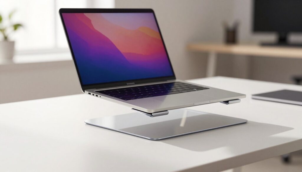 A sleek, ultra-thin MOFT Invisible Laptop Stand placed on a clean, minimalist desk. The stand should appear transparent to showcase its invisible nature, elegantly supporting a modern, slim laptop. In the foreground, focus on the stand's details, highlighting its smooth edges and lightweight construction. The middle section features the laptop open, displaying a vibrant, colorful desktop background, casting a subtle reflection onto the stand. In the background, a softly blurred office environment with natural light streaming through a window creates a warm and inviting atmosphere. Use a shallow depth of field to emphasize the stand and laptop. The overall mood should convey a sense of sophistication and functionality, perfect for minimalists and on-the-go professionals.