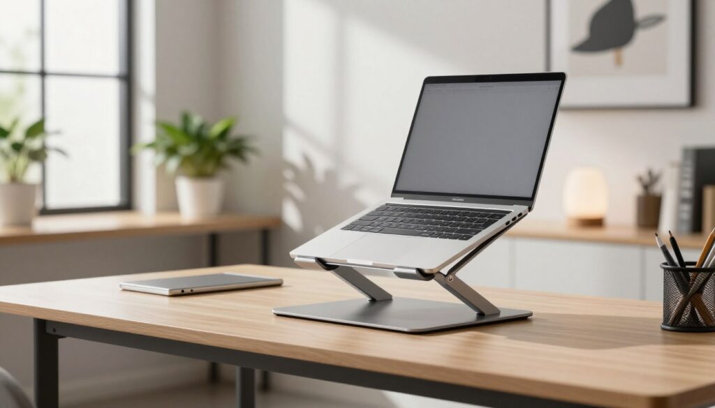 A stylish and ergonomic laptop stand prominently displayed on a modern desk in a well-lit, contemporary office setting. In the foreground, the laptop stand showcases its sleek design, featuring adjustable height and tilt options, made from durable, lightweight materials. The middle ground features a high-end laptop elegantly positioned on the stand, highlighting the practical workspace. The background displays a neatly organized workspace with green plants, a minimalistic lamp, and an inspiring wall art piece, creating an inviting atmosphere. Soft, diffused natural lighting filters in through a large window, casting gentle shadows and enhancing the stand's contours. The overall mood is focused and productive, ideal for both desk use and travel.