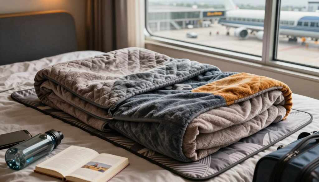 A Cocoon CoolMax Travel Blanket elegantly spread out on a stylish travel mat, showcasing its unique texture and rich color. The blanket is folded partially to reveal its transformation into a plush travel pillow, highlighting its versatility. In the foreground, a neatly organized set of travel essentials, including a water bottle and a travel book, adds context. The middle ground features a scenic view of an open-air terminal or a cozy cabin, softly lit by natural light filtering through large windows, creating a warm and inviting atmosphere. Use a slightly elevated angle that captures both the details of the blanket and the surrounding travel setting, enhancing the mood of comfort and adventure. Ensure the overall feel is serene and appealing to travelers.