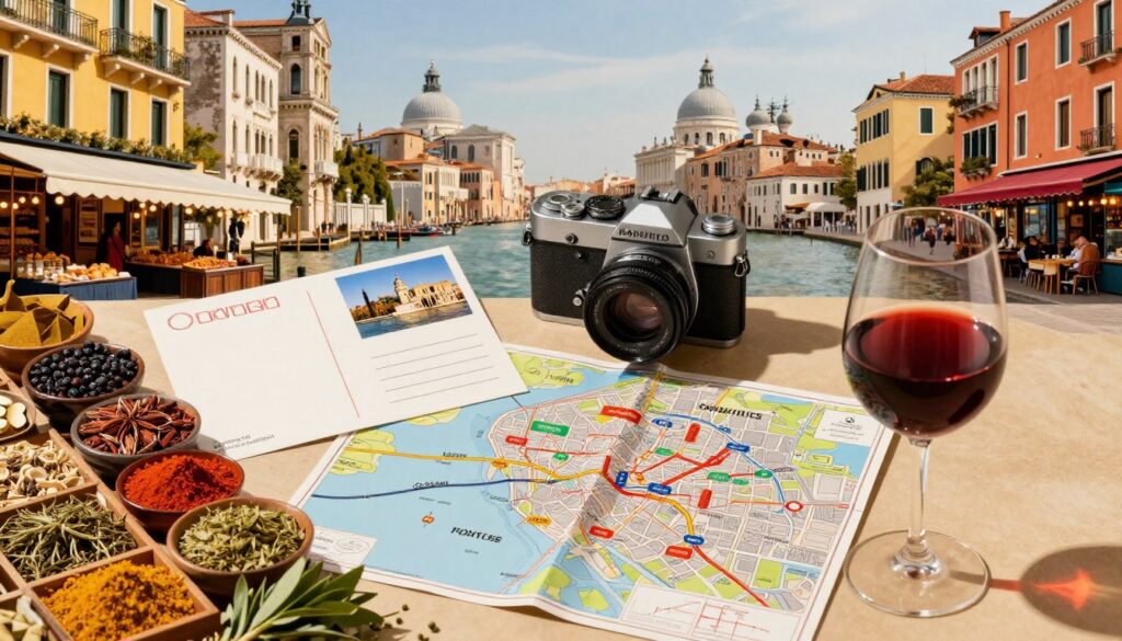 A beautifully arranged flat lay of sensory travel elements from three iconic European cities. In the foreground, vibrant spices and herbs from a bustling market, alongside a glass of rich, fragrant wine. The middle layer features elegant travel memorabilia such as postcards, a stylish camera, and a folded city map with highlighted routes. In the background, a soft-focus view of historic architecture, like a Parisian café, a Venetian canal, and a vibrant Barcelona street, creating a rich tapestry of culture. The warm, golden lighting evokes a sense of adventure and nostalgia, with gentle shadows playing across the scene. Capture a sense of exploration and connection to these diverse environments, blending the textures and flavors of each city into one harmonious image.
