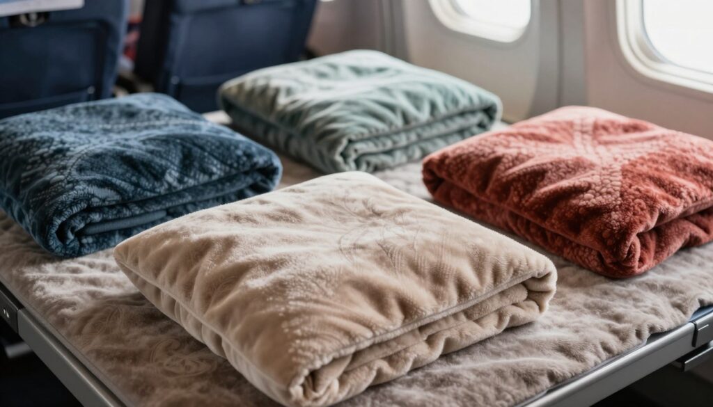 A beautifully arranged flat lay of top-rated travel blankets that easily transform into pillows, showcasing various styles and colors. In the foreground, feature a luxurious, soft travel blanket folded into a plush pillow, with intricate textures highlighted by soft, ambient lighting. In the middle, include additional blankets in vibrant hues, each displaying unique patterns, neatly spread out to emphasize their versatility. The background should be a subtle, blurred travel scene, such as an airplane interior or a cozy train compartment, hinting at the adventure and comfort these blankets provide. The overall mood should be warm and inviting, evoking a sense of wanderlust and comfort, with natural, uplifting daylight filtering through.