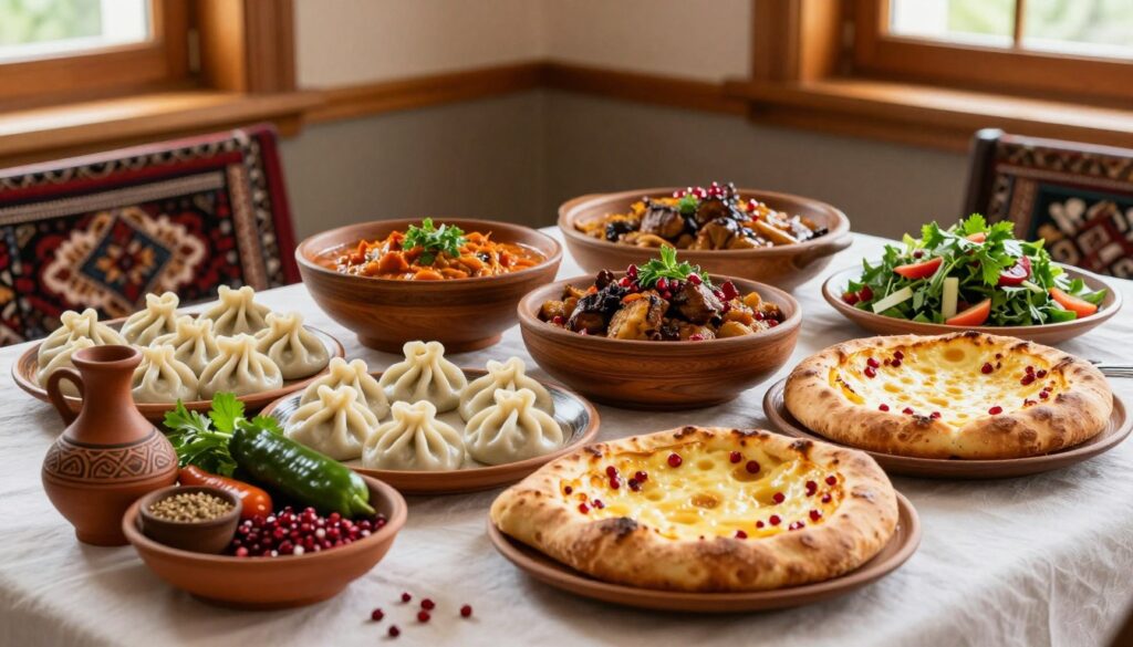 A beautifully arranged table showcasing traditional Caucasus cuisine, featuring khinkali dumplings, khachapuri cheese bread, and vibrant salads with fresh herbs. In the foreground, artisanal pottery holds aromatic spices and fresh vegetables. The middle ground captures traditional wooden dishes filled with colorful stews and grilled meats, garnished with pomegranate seeds. In the background, a rustic setting with ornate patterns on textiles and warm wooden accents creates an inviting atmosphere. Soft, natural lighting filters through a window, casting gentle shadows and highlighting the textures of the food. The scene evokes a warm, communal dining experience, emphasizing the rich culinary heritage of the Caucasus region, inviting viewers to explore its flavors and traditions.