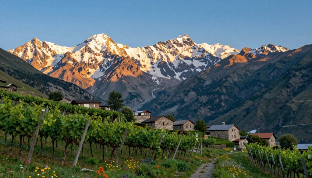 A breathtaking view of the Georgia Caucasus Mountains, capturing their majestic peaks dusted with snow under a clear blue sky. In the foreground, a picturesque vineyard with rows of lush grapevines, highlighting Georgia’s renowned wine culture, gently swaying in the breeze. The middle ground features traditional Georgian stone houses nestled in a valley, surrounded by vibrant wildflowers. Tall, rugged mountain peaks rise in the background, their rocky faces reflecting the golden hues of a late afternoon sun, creating a warm and inviting atmosphere. The image conveys a sense of tranquility and hospitality, with a gentle slope leading the viewer’s eye deeper into the landscape. Shot using a wide-angle lens to emphasize the grandeur of the mountains and the rich tapestry of Georgia’s natural beauty.