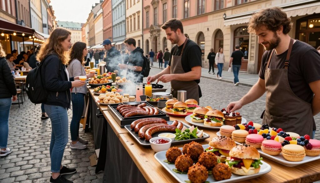 A bustling European street food scene filled with vibrant colors and enticing aromas. In the foreground, a wooden table laden with an array of delectable street food dishes: gourmet sausages sizzling on a grill, colorful sliders with fresh toppings, and crispy falafel served with fragrant sauces. There are also rich gourmet desserts like macarons and fruit tarts. In the middle ground, cheerful vendors interact with eager customers, showcasing the lively atmosphere. The background features an elegant cobblestone street lined with charming cafés and historical architecture, bathed in warm, golden afternoon light that enhances the inviting tone. The scene captures a sense of community and flavor, evoking the rich culinary experiences found in European cities. The angle is a dynamic slightly elevated perspective, allowing a comprehensive view of the vibrant market.