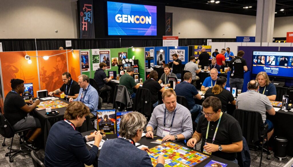 A bustling scene from Gencon Indianapolis, capturing the energy of America's premier gaming convention. In the foreground, a diverse group of attendees, dressed in professional business attire and modest casual clothing, are engaged in enthusiastic discussions over vibrant board games and role-playing setups. In the middle ground, rows of colorful exhibitor booths showcase various tabletop games, accessories, and artwork, illuminated by soft, warm lighting that enhances the inviting atmosphere. The background features a large digital display featuring Gencon branding, flanked by convention banners and excited gamers participating in tournaments. The composition is shot with a wide-angle lens to include the lively crowd, conveying a sense of community and excitement, inviting viewers to immerse themselves in the vibrant world of gaming.