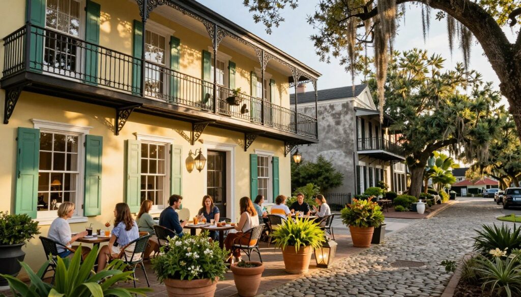 A charming boutique hotel in Charleston, showcasing Southern architecture with vibrant pastel-colored facades and wrought-iron balconies. In the foreground, a cozy outdoor seating area adorned with potted plants and welcoming lanterns. The middle ground features elegantly dressed guests in stylish, modest attire enjoying drinks on the patio, with soft sunlight casting warm shadows. The background captures the iconic streets with cobblestone paths and lush greenery, framed by historic buildings and hanging Spanish moss. The scene is bathed in golden hour lighting, evoking a relaxed, inviting atmosphere that reflects the unique charm of Charleston. Use a wide-angle lens to emphasize the hotel's picturesque setting and maintain a warm, welcoming mood throughout the image.
