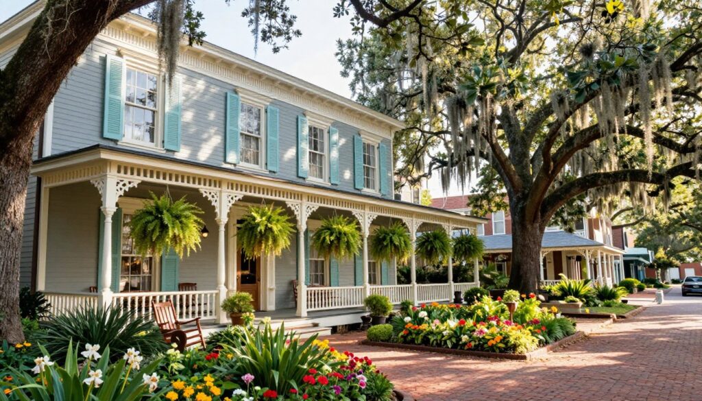 A charming boutique hotel in Savannah, featuring a beautifully restored Victorian exterior with intricate woodwork and pastel-colored shutters. In the foreground, a welcoming porch adorned with rocking chairs and hanging ferns creates an inviting atmosphere. The middle ground showcases the hotel's lush garden, filled with vibrant flowers and graceful live oak trees draped in Spanish moss, providing a serene setting for relaxation. In the background, soft morning sunlight filters through the leaves, casting gentle shadows and illuminating the brick-paved streets typical of Savannah. The image conveys a warm, inviting mood, perfect for capturing the essence of a unique and memorable stay. Use a wide-angle lens to emphasize the grandeur and charm of the hotel, with vibrant colors and soft, natural lighting for a timeless feel.
