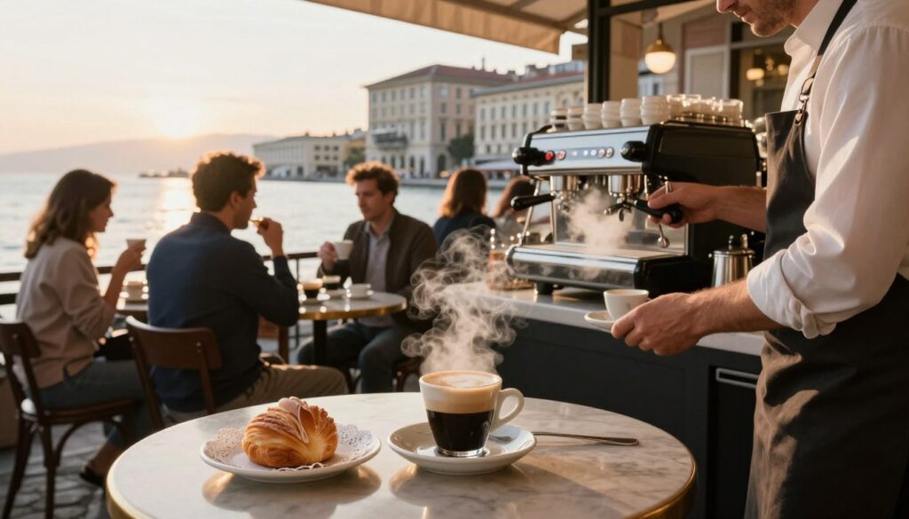 A charming café scene in Trieste, Italy, capturing the essence of its coffee culture. In the foreground, a beautifully arranged table with a classic Italian coffee setup: an espresso cup, saucer, and a delicate pastry on a lace doily. A barista in a white shirt and apron skillfully prepares coffee, steam rising from the machine, emitting an inviting aroma. The middle ground showcases patrons casually enjoying their coffee, deep in conversation, dressed in smart casual attire. In the background, the architectural beauty of Trieste is evident, with elegant buildings and the shimmering Adriatic Sea under a golden hour glow. The atmosphere is warm and inviting, infused with the hustle and bustle of a lively Mediterranean city. Shot with a warm, soft focus using a 50mm lens for intimacy and depth.