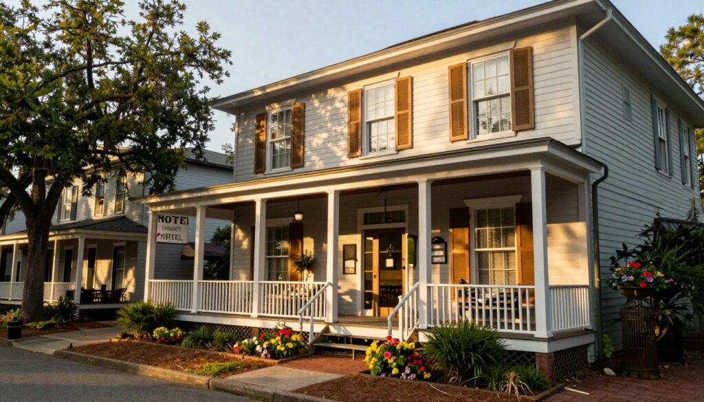 A charming street view of an affordable hotel in Savannah, Georgia, showcasing Southern architectural style, with wooden shutters and a welcoming front porch. In the foreground, a small garden with colorful flowers accentuates the entrance, inviting guests. The middle ground features the hotel’s sign, indicating budget-friendly rates visible next to the reception area. In the background, lush trees and historic buildings typical of Savannah create a warm ambiance. The scene is bathed in soft golden hour sunlight, casting gentle shadows that enhance the inviting atmosphere. The angle captures the essence of the hotel, emphasizing accessibility and comfort while maintaining a cozy neighborhood vibe. The mood is friendly and welcoming, perfect for travelers seeking budget options.