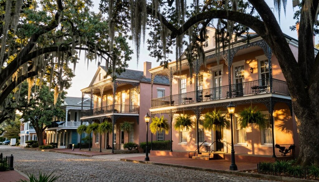 A charming view of historic hotels in Savannah, Georgia, showcasing elegant antebellum architecture. In the foreground, lush live oak trees draped with Spanish moss frame the scene, casting soft, dappled shadows on the cobblestone street. The middle features two majestic, pastel-colored hotels with wrought-iron balconies, their decorative facades glowing warmly in the golden hour light. A porch adorned with hanging plants invites visitors to reminisce, while classic gas lanterns line the walkway, creating an inviting atmosphere. In the background, hints of Savannah's iconic architecture and greenery provide depth. The image captures a serene, nostalgic mood, evoking the charm of a bygone era, with a slight lens flare enhancing the warm ambiance. No people are present, allowing the historic beauty to take center stage.