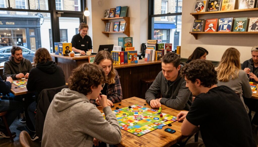 A cozy London board game café scene, showcasing a diverse group of people engaging in various board games at rustic wooden tables. In the foreground, a couple of friends are intently focused on a strategy game, with colorful game pieces spread out before them. In the middle, a long table features a vibrant display of board games, with a friendly barista serving coffee in the background. The café is filled with warm, ambient lighting and decorated with shelves of board games and cozy artwork on the walls. Outside the large windows, traditional London architecture can be seen, adding context to the atmosphere. The mood is lively yet relaxed, inviting everyone to unleash their inner gamer. Shot with a slight tilt to capture the depth of the café, resembling a warm gathering place.