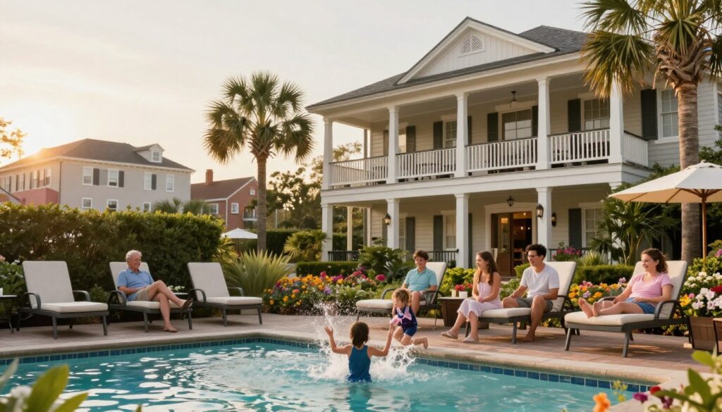 A cozy family-friendly hotel scene in Charleston, showcasing a charming building with a welcoming facade adorned with southern architectural elements. In the foreground, a happy family of four, dressed in modest casual clothing, is enjoying the hotel’s outdoor pool area, with kids splashing water and parents relaxing on lounge chairs. The middle ground features lush greenery and colorful flowers, enhancing the cheerful atmosphere. In the background, the classic Charleston skyline with its historic buildings and palm trees evokes the city's vibrant character. The lighting is warm and inviting, mimicking a late afternoon sun setting behind the hotel, captured with a slight angle that emphasizes both the hotel’s beauty and the family's enjoyment. The scene radiates a sense of safety, comfort, and joy, perfect for a family vacation.