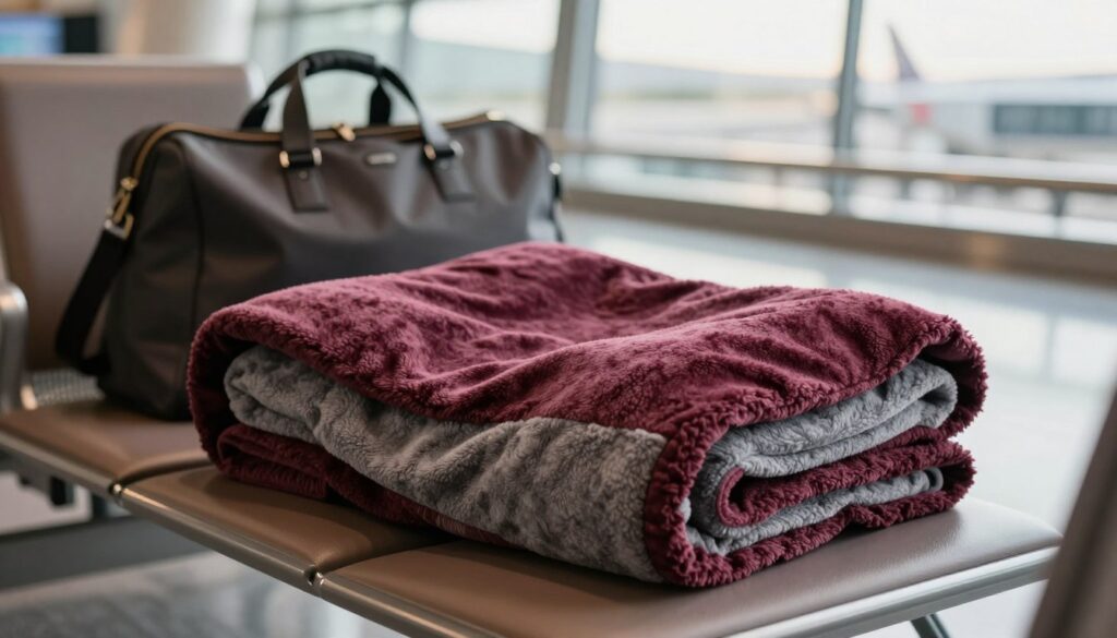 A cozy-soft microfleece travel blanket folded neatly into the shape of a pillow, placed on a plush, inviting travel pillow. The blanket should showcase a luxurious, textured surface with rich, warm colors like deep burgundy and soft grey, highlighting its comfort and style. In the foreground, a serene travel setting is depicted with a soft, blurred view of a classic airport terminal bench, evoking a sense of wanderlust. The middle ground features a stylish travel bag, casually tossed beside the pillow. In the background, gentle natural light filters through a large window, creating a warm, relaxing atmosphere. The scene conveys a feeling of comfort and ease, perfect for travelers seeking snug warmth on their journeys. The overall mood should be inviting and tranquil, focusing on the blanket's plush quality without any distractions.