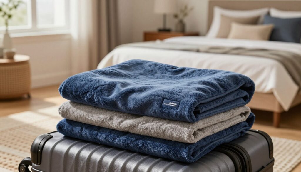 A cozy travel blanket folded neatly into a compact pillow, showcasing a soft, textured fabric in a warm, inviting color palette of deep blue and soft gray. The foreground features the blanket resting on a stylish suitcase and soft, woven rug, hinting at an adventurous travel setting. In the middle ground, an elegant, well-lit bedroom represents a serene travel ambiance with a neatly made bed adorned with travel-themed decor. The background includes a window with gentle, natural sunlight streaming in, casting soft shadows and enhancing the warmth of the scene. The atmosphere conveys comfort and tranquility, inviting viewers to experience the joy of travel with the Cabeau Fold 'n Go Travel Blanket.