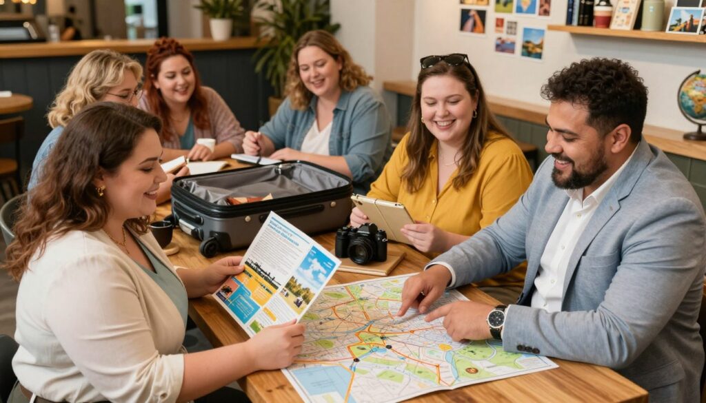 A diverse group of plus-sized individuals engaging in travel planning at a cozy café setting. In the foreground, a cheerful plus-sized woman in a stylish, modest outfit examines a colorful travel brochure, while a confident plus-sized man in business-casual attire points enthusiastically at a map spread on the table. In the middle ground, an assortment of travel gear like suitcases, journals, and cameras are artfully arranged, signifying the excitement of adventure. The background features a warm, inviting atmosphere with soft lighting, wooden tables, and travel-themed decorations such as postcards and globes. The mood is one of camaraderie and empowerment, showcasing inclusivity in travel and adventure. Ideal lighting to convey a friendly and inspiring atmosphere, shot from a slightly elevated angle to capture both the details on the table and the expressions of joy on the travelers' faces.