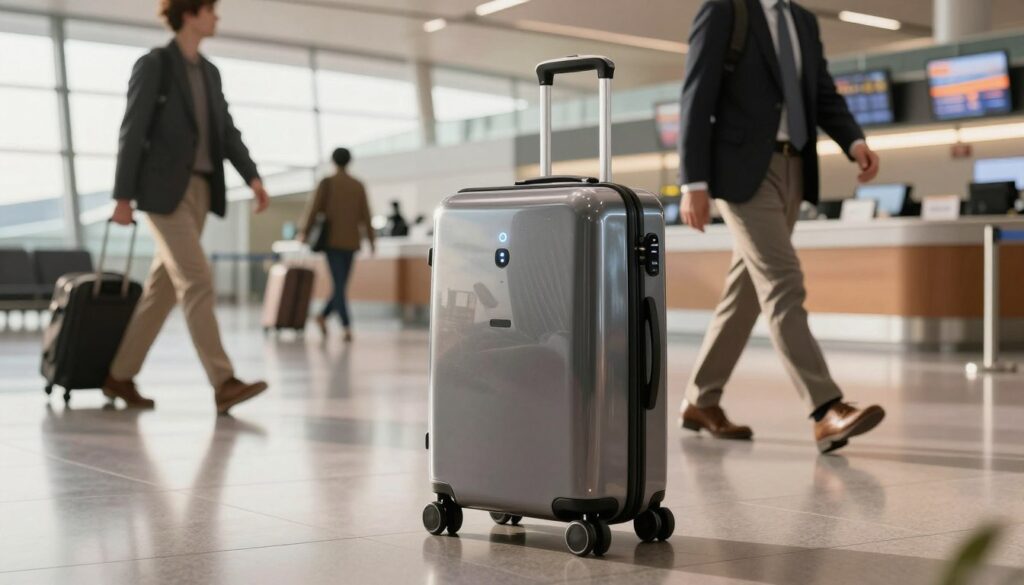 A futuristic smart suitcase, resembling the 90FUN Puppy1, designed for auto-follow capabilities, is at the forefront of the image. The suitcase is sleek, with a polished exterior, embedded sensors, and LED lights that indicate its features. In the middle ground, a modern travel environment showcases a busy airport terminal with travelers in professional attire walking past. Soft, natural lighting filters through large windows, casting a warm glow on the scene. The background features a check-in desk and baggage claim area, hinting at travel dynamics. The overall atmosphere is energetic yet organized, capturing the innovation of smart luggage technology in action, with a focus on the suitcase's capabilities and aesthetics.