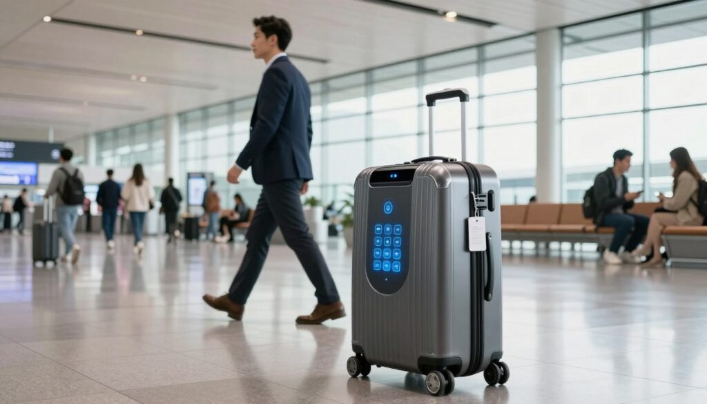 A futuristic suitcase equipped with smart technology, featuring sleek lines and an elegant design, gliding seamlessly along a bustling airport terminal. In the foreground, the suitcase showcases a digital interface with glowing buttons, while sensors are subtly integrated into its exterior. Luggage tag visible on the side, emphasizing its autonomous tracking capabilities. In the middle ground, a business professional in smart casual attire walks confidently, glancing back at the suitcase as it follows effortlessly. The background includes stylish modern architecture, large glass windows allowing natural light to flood the scene, and other travelers engaged with their devices. The atmosphere is dynamic yet organized, conveying the convenience of cutting-edge travel tech. The scene captures the essence of innovation in travel.