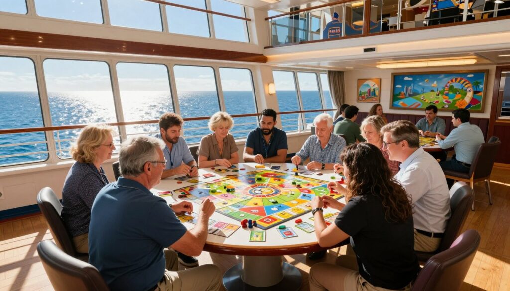 A lively scene showcasing a vibrant board game cruise. In the foreground, a diverse group of adults in casual and professional attire are gathered around a large circular table, animatedly playing a board game, with colorful game pieces and cards scattered. Bright sunlight filters through large windows, casting warm reflections on the polished wooden floor. In the middle ground, the cruise ship's interior features decorations inspired by popular board games, with themed lights and artwork enhancing the atmosphere. Through the background windows, a picturesque view of the open sea glimmers under a clear blue sky. The overall mood is joyful and engaging, highlighting the excitement of gaming while traveling on a cruise ship. Use a wide-angle lens to capture the entire setting, emphasizing the lively interaction among players.