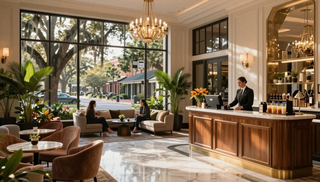A luxurious hotel lobby in Savannah, showcasing exceptional amenities. In the foreground, a tastefully decorated reception area with polished marble floors, an elegant chandelier, and a warm welcome desk staffed by a professional in business attire. In the middle ground, plush seating arrangements with vibrant plants, a coffee bar offering specialty drinks, and guests engaged in casual conversation, all exuding a relaxed, inviting atmosphere. In the background, large windows framing a scenic view of a historic street lined with oak trees draped in Spanish moss, bathed in soft, golden afternoon sunlight. The overall mood is upscale and sophisticated, highlighting the perfect blend of comfort and luxury, ideal for discerning travelers.