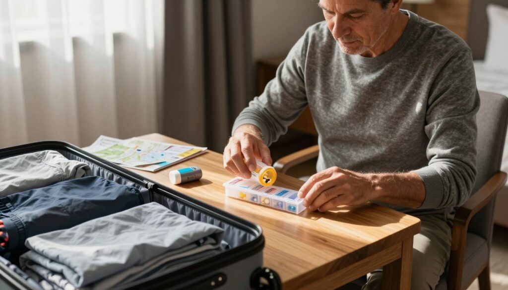 A middle-aged man sits at a small wooden table in a cozy hotel room, carefully organizing his Parkinson's medications into a travel pill organizer. He has a focused expression, demonstrating determination amidst travel. In the foreground, an open suitcase filled with neatly folded clothes and a medical device lies beside him. The middle section shows the man’s hand as he pours pills from a prescription bottle, casting soft light on the table’s surface. The room is warm and inviting, with sunlight filtering through sheer curtains, highlighting the comforting atmosphere. In the background, maps and travel pamphlets are subtly visible, suggesting a journey. The image conveys a sense of calm and control, emphasizing the importance of managing health while traveling.