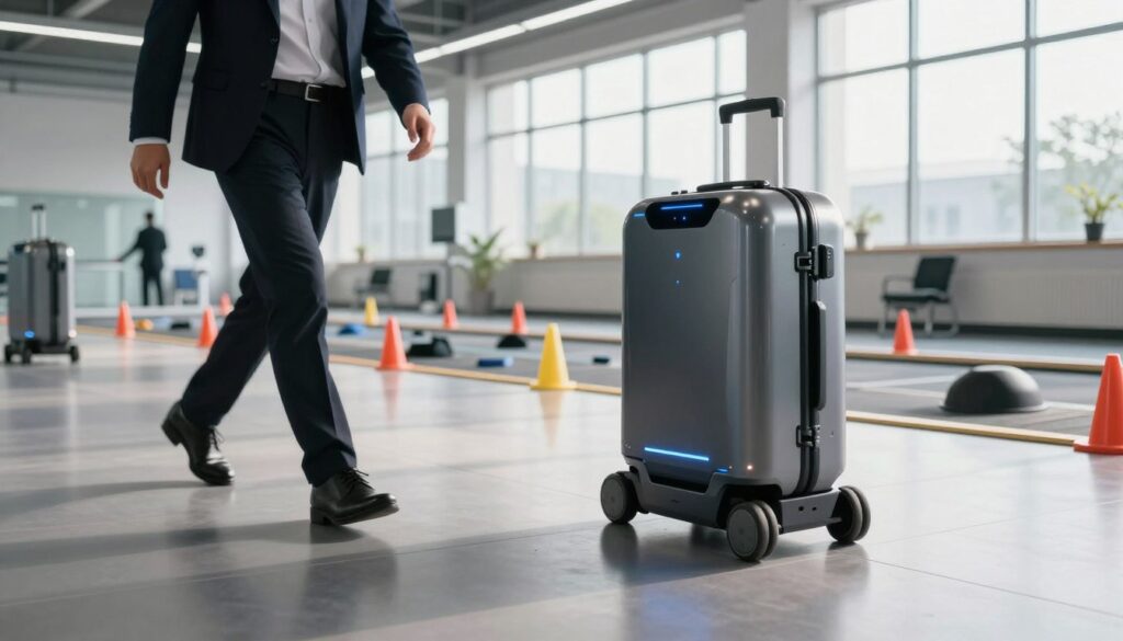 A modern testing facility for smart luggage, showcasing robotic suitcases in action. In the foreground, a sleek, futuristic auto-follow suitcase with built-in sensors and LED lights glides effortlessly beside a person dressed in professional business attire, demonstrating its features. In the middle, a high-tech testing area filled with obstacles, including cones and various surfaces, illustrates the rigorous testing process. The background reveals a spacious, well-lit environment with large windows allowing natural light to flood in, casting soft shadows. The atmosphere is one of innovation and excitement, reflecting the advanced technology of robotic luggage. The scene is captured with a slightly low angle to emphasize the suitcase's features and create a dynamic perspective, utilizing natural light to enhance the futuristic feel.