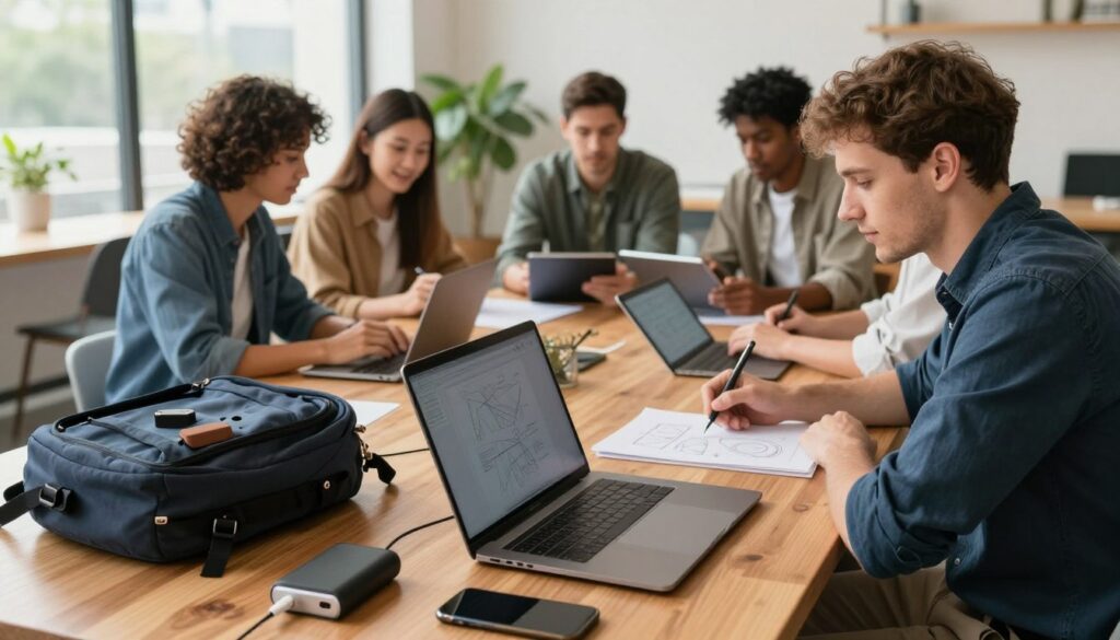 A modern workspace for a digital nomad, showcasing advanced technology tools and gadgets. In the foreground, a sleek laptop sits open on a wooden table, accompanied by a smartphone and a portable charger. To one side, a stylish backpack is partially unzipped, revealing tech accessories. The middle ground features a diverse group of young professionals, dressed in smart casual clothing, engaged in a brainstorming session, using digital tablets and sketching on paper. The background captures a bright, airy co-working space with large windows, allowing natural sunlight to flood in, highlighting modern furnishings and greenery. The atmosphere is energetic and collaborative, conveying a sense of innovation and productivity, with a perspective that focuses on the tech-savvy lifestyle of the sabbatical traveler. A modern workspace for a digital nomad, showcasing advanced technology tools and gadgets. In the foreground, a sleek laptop sits open on a wooden table, accompanied by a smartphone and a portable charger. To one side, a stylish backpack is partially unzipped, revealing tech accessories. The middle ground features a diverse group of young professionals, dressed in smart casual clothing, engaged in a brainstorming session, using digital tablets and sketching on paper. The background captures a bright, airy co-working space with large windows, allowing natural sunlight to flood in, highlighting modern furnishings and greenery. The atmosphere is energetic and collaborative, conveying a sense of innovation and productivity, with a perspective that focuses on the tech-savvy lifestyle of the sabbatical traveler.