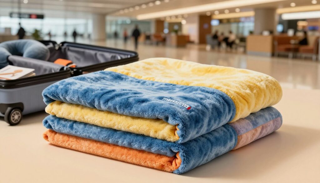 A neatly folded Travelrest 4-in-1 Premier Travel Blanket shown in the foreground, showcasing its plush, high-quality fabric with a cozy texture. The blanket is designed in a vibrant color, illustrating its versatile use as a travel blanket, neck pillow, cozy poncho, or a back support. In the middle ground, a subtle gradient enhances the softness of the blanket, while an open suitcase and travel accessories hint at its travel purpose. The background features a softly blurred airport lounge setting, with warm, inviting lighting that conveys a sense of comfort and relaxation. The image should evoke an atmosphere of wanderlust and ease, ideal for those seeking comfort on-the-go.