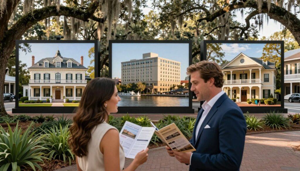 A picturesque scene showcasing a comparison of top hotels in Savannah, Georgia. In the foreground, a well-dressed couple examines brochures of various luxurious hotels, discussing their options with enthusiasm. In the middle ground, display three distinct hotel showcases, each featuring unique architecture: a charming historic mansion, a modern riverside hotel, and a cozy boutique inn, bathed in soft afternoon sunlight. The background features lush greenery and historic Savannah streets, with Spanish moss hanging from oak trees, creating an inviting atmosphere. The lighting is warm and inviting, emphasizing the Southern charm of the hotels. Capture a sense of excitement and discovery, making it ideal for travelers looking to choose the perfect hotel for their Savannah getaway.