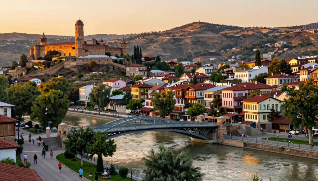 A picturesque view of Tbilisi, showcasing its vibrant attractions. In the foreground, the iconic Bridge of Peace arches gracefully over the Kura River, reflecting the light of a golden sunset. On one side, the lively Rike Park is dotted with lush greenery and families enjoying leisurely strolls. The middle ground features the historic Old Town, with colorful balconies and traditional wooden houses. To the left, the striking Narikala Fortress stands proudly on a hill, overlooking the city, with lush hills in the background bathed in warm evening light. The mood is inviting and serene, capturing the essence of Tbilisi as a cultural hub. Use a wide-angle lens to emphasize the city's depth, with soft, warm lighting for an enchanting atmosphere.