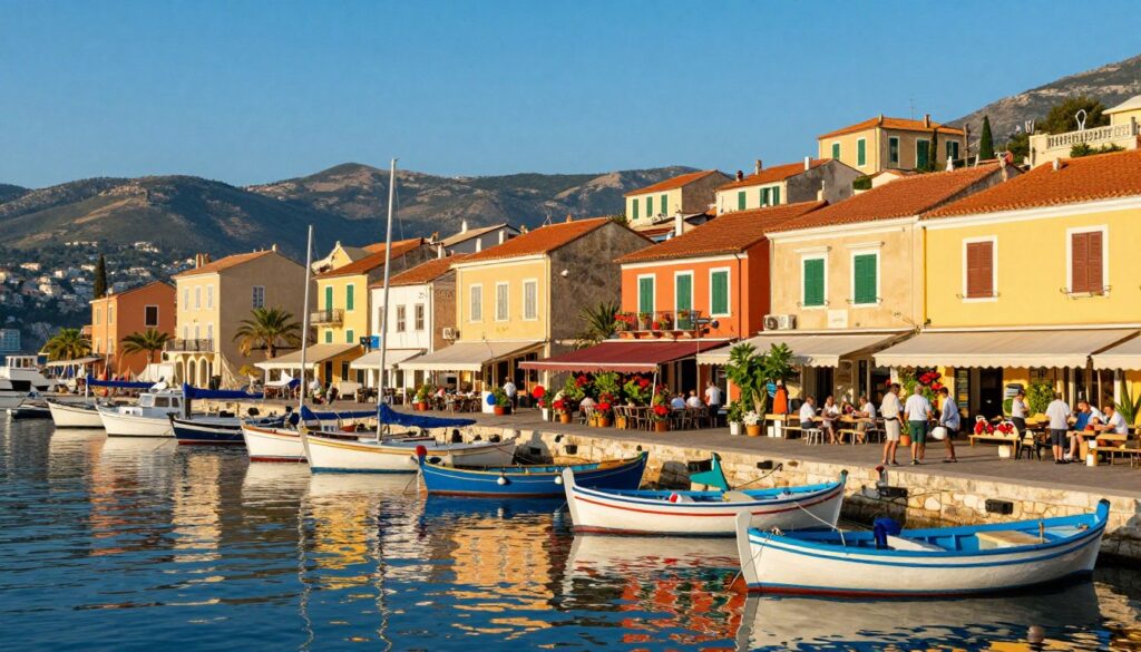 A picturesque view of an underrated Mediterranean port city, showcasing colorful, charming buildings nestled against a serene coastline. In the foreground, a small, bustling harbor filled with traditional fishing boats and sailboats, reflecting the vibrant colors of the town in the calm waters. In the middle ground, locals in modest casual clothing engage in lively conversations at coastal cafes, surrounded by lush green plants and vibrant flowers. The background features gently rolling hills and a clear blue sky bathed in warm golden light, suggesting a late afternoon ambiance. The scene captures a welcoming and authentically local atmosphere, inviting travelers to explore these hidden gems away from larger cruise ports. The composition should be wide-angle, capturing the beauty and tranquility of this alternative destination.