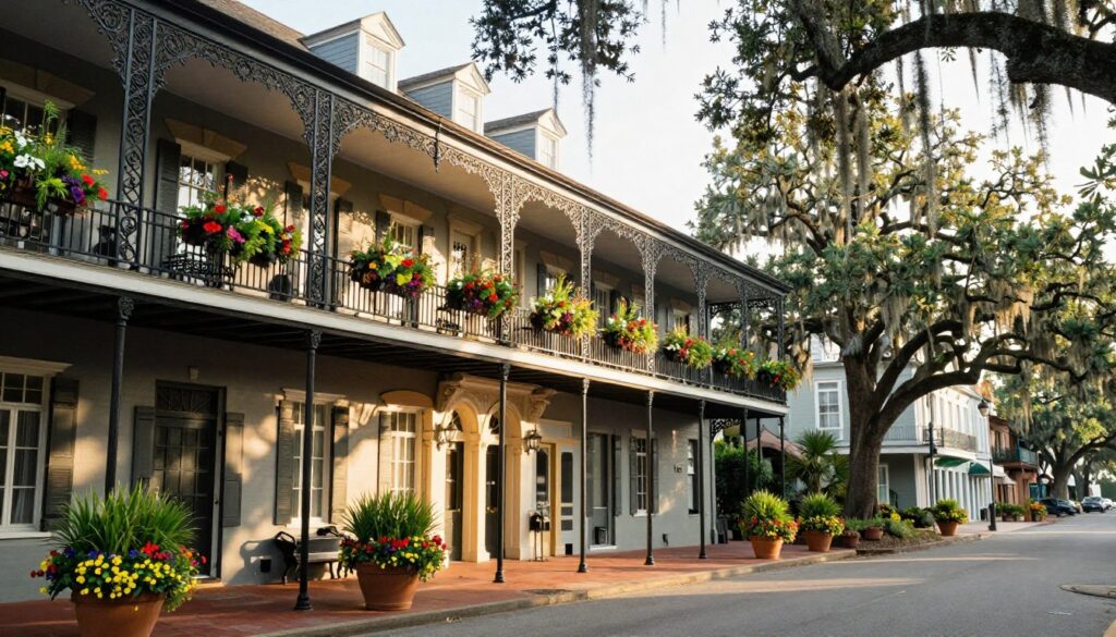 A picturesque view of historic hotels in Charleston, showcasing their elegant façades adorned with wrought iron balconies and lush greenery. In the foreground, potted flowers in vibrant colors add charm. The middle ground features a grand hotel built in the 19th century, with large columns and intricate cornices. Soft morning light bathes the scene, creating a warm, inviting atmosphere. In the background, majestic oak trees draped with Spanish moss frame the streets, hinting at the city's rich history. Capture the scene from a slightly elevated angle to provide depth and context, reinforcing the feeling of stepping back in time to experience Charleston's heritage. Overall, evoke a sense of nostalgia and Southern charm, emphasizing the hotel's architectural beauty.