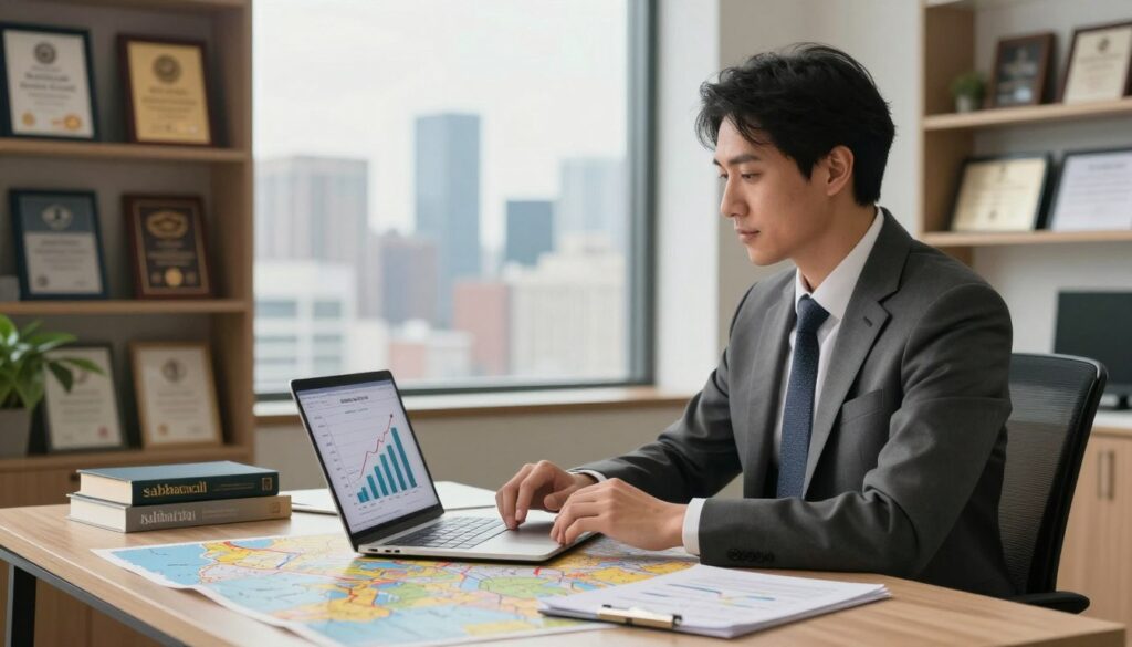 A professional individual, dressed in smart business attire, sits at a modern office desk surrounded by symbols of their sabbatical experiences—like travel maps, books, and photographs from their journey. In the foreground, a laptop displays a graph indicating career growth, reflecting the theme of leveraging sabbatical skills for advancement. The middle ground features a large window showcasing a city skyline, emphasizing a dynamic and ambitious atmosphere. Soft, natural light pours in, creating a warm and inviting ambiance. In the background, shelves are filled with accolades and certifications, highlighting personal and professional growth. The overall mood is aspirational and reflective, depicting a seamless blend of past experiences with future career possibilities. A professional individual, dressed in smart business attire, sits at a modern office desk surrounded by symbols of their sabbatical experiences—like travel maps, books, and photographs from their journey. In the foreground, a laptop displays a graph indicating career growth, reflecting the theme of leveraging sabbatical skills for advancement. The middle ground features a large window showcasing a city skyline, emphasizing a dynamic and ambitious atmosphere. Soft, natural light pours in, creating a warm and inviting ambiance. In the background, shelves are filled with accolades and certifications, highlighting personal and professional growth. The overall mood is aspirational and reflective, depicting a seamless blend of past experiences with future career possibilities.