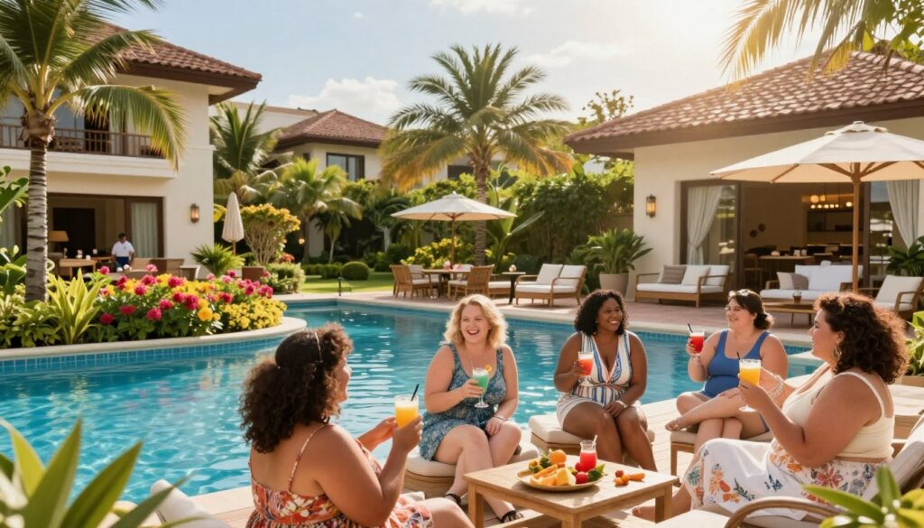 A scenic all-inclusive resort designed for plus-size guests, featuring spacious, beautifully appointed rooms with comfortable furnishings and large beds. In the foreground, a diverse group of plus-sized individuals in modest, stylish vacation attire enjoy drinks by a luxurious pool, showcasing joy and relaxation. The middle ground includes lush tropical gardens with vibrant flowers and palm trees surrounding the pool area, creating a welcoming atmosphere. In the background, the resort’s elegant architecture rises against a sunny sky, hinting at inviting dining areas and leisure spaces. The lighting is warm and bright, evoking a cheerful midday setting, while a shallow depth of field captures details, enhancing the inviting mood of a perfect getaway.