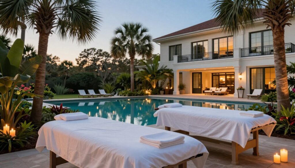 A serene Charleston wellness retreat scene, showcasing an elegant hotel spa with large windows overlooking lush gardens. In the foreground, a tranquil outdoor massage area features two massage tables adorned with soft white linens, and gentle candles flickering nearby. In the middle ground, a calm infinity pool reflects the clear blue sky, surrounded by palm trees and tropical plants in full bloom. In the background, a sophisticated hotel building with classic southern architecture harmonizes with the nature around it. Soft, golden hour lighting bathes the scene, creating a warm, inviting atmosphere. The mood is peaceful and rejuvenating, inviting visitors to unwind and embrace relaxation in Charleston’s serene environment.